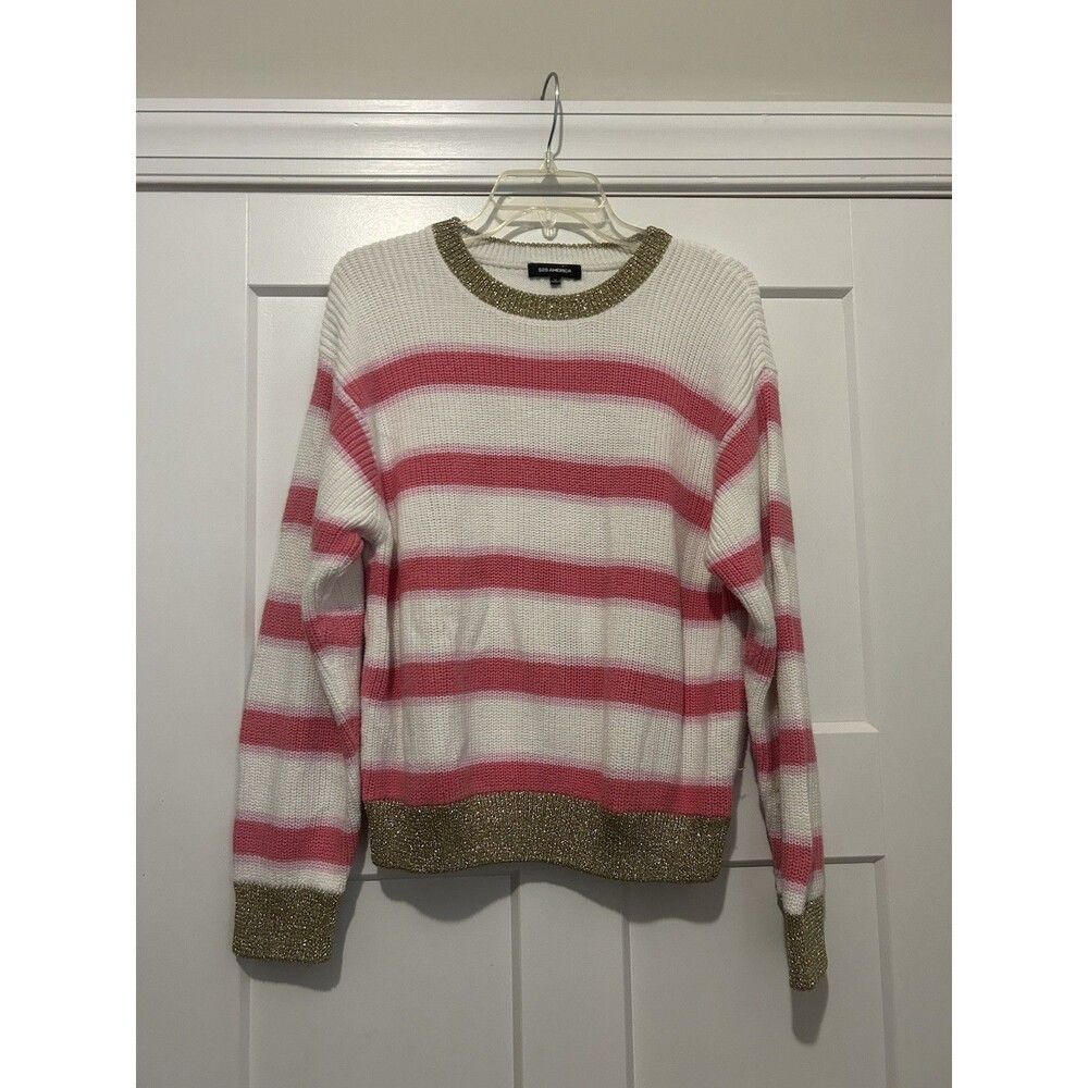 525 America White Pink Gold Striped Crew Sweater Size Medium Balletcore Preppy